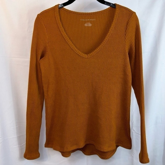 American Eagle Shirt Long Sleeve Ribbed Plush V-Neck Pullover Sweater Top - Picture 4 of 8